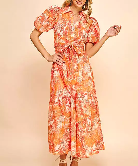 Printed Button Down Maxi Dress - Orange Multi