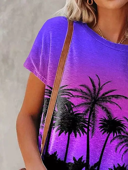 Purple Plants Print Women's Casual Holiday T-Shirt