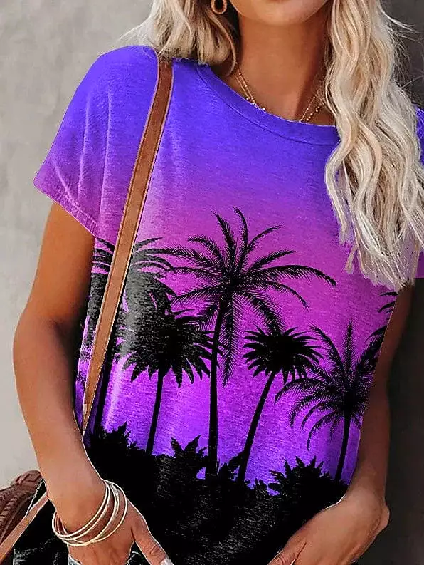 Purple Plants Print Women's Casual Holiday T-Shirt