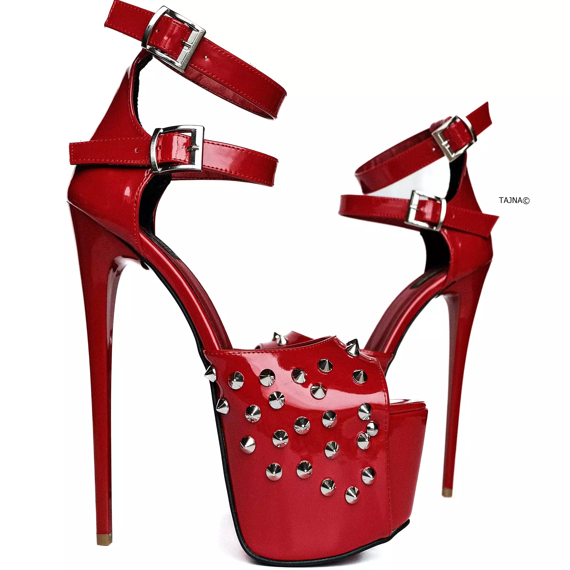 Red Spike Studded Double Belted Heels