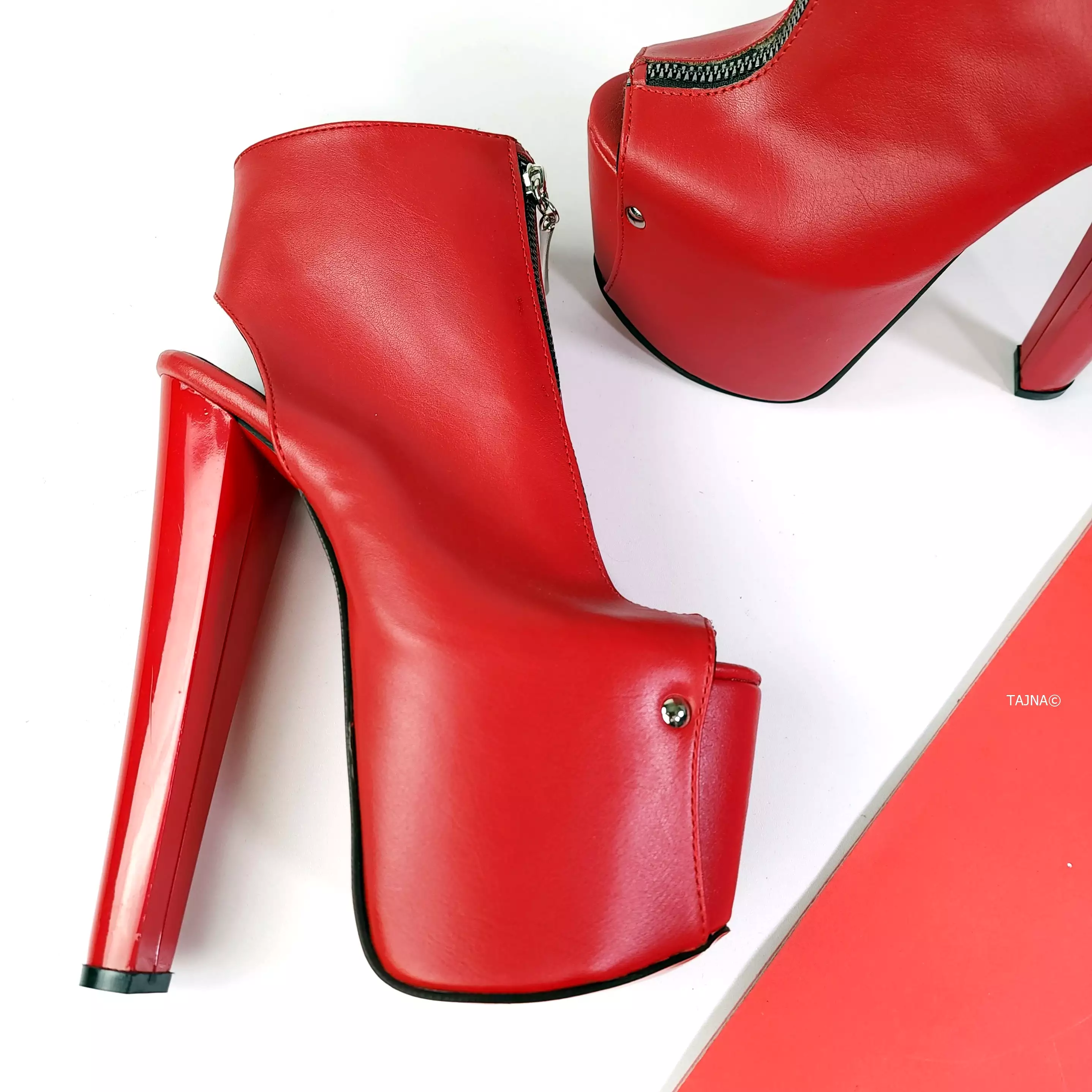 Red Zipper Detail Chunky Ankle Cut Heels