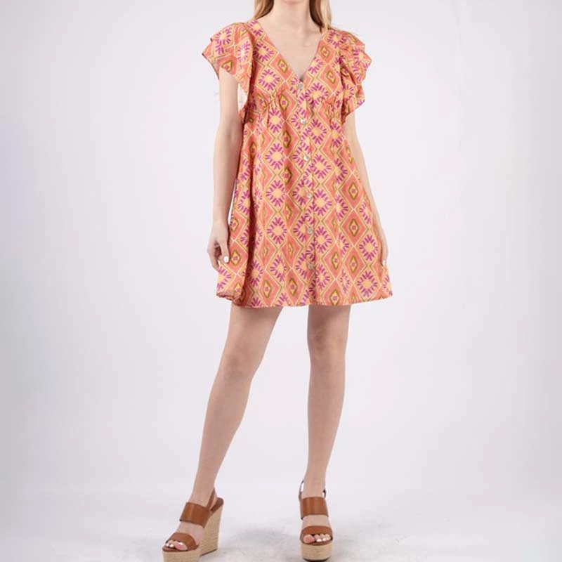 Ruffle Short Sleeve Printed Dress