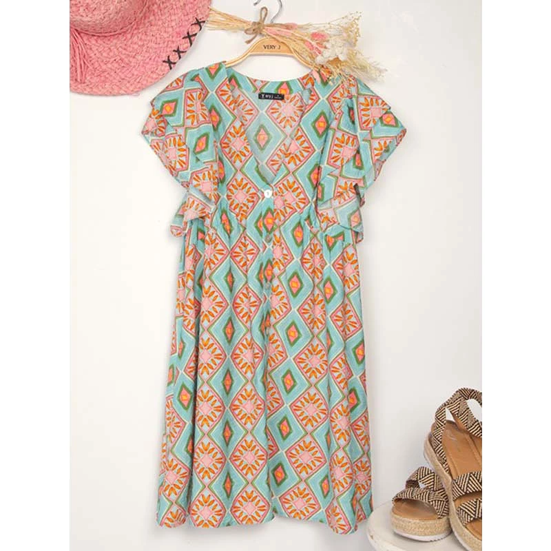 Ruffle Short Sleeve Printed Dress