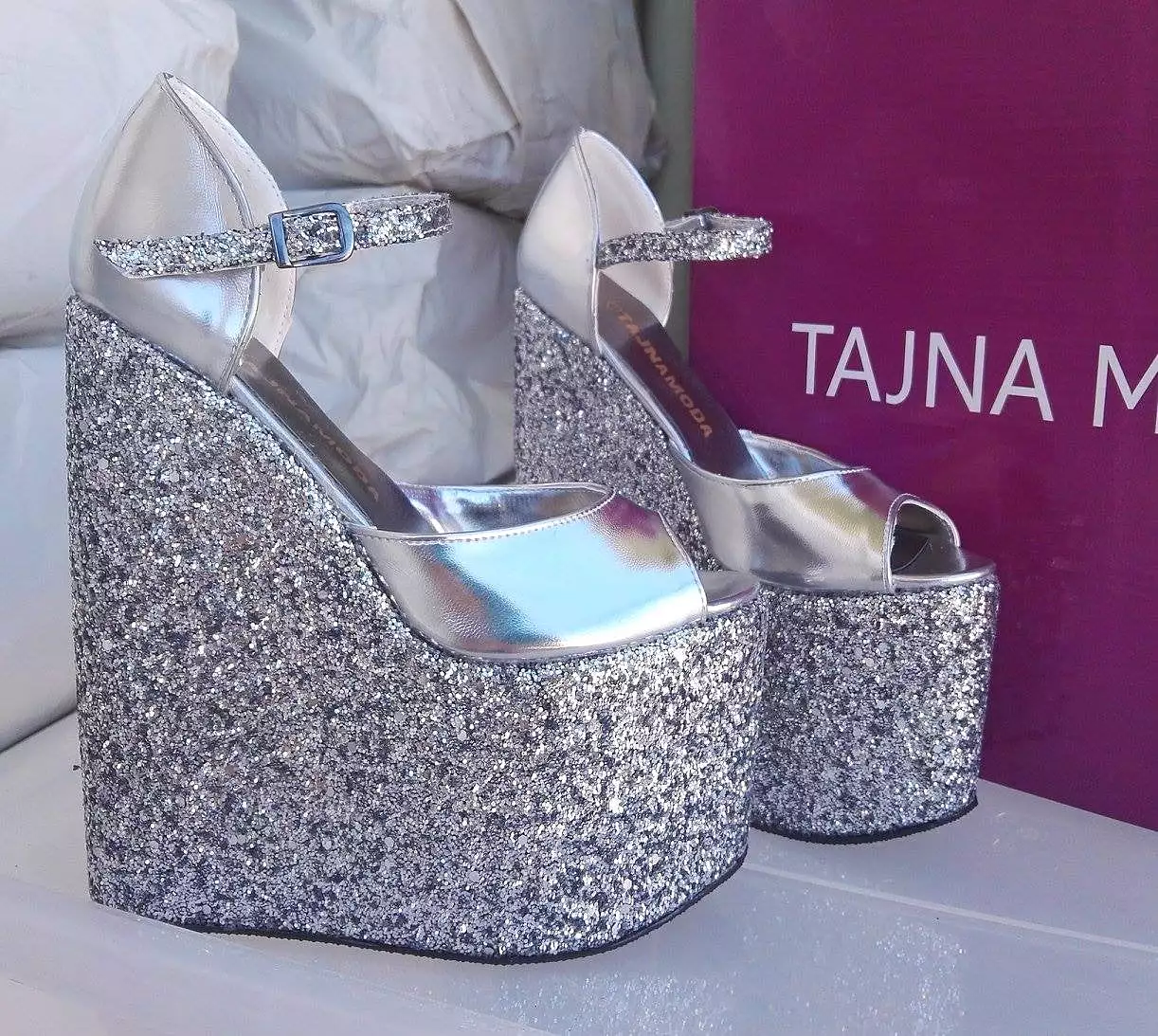 Sandals Ankle Strap Silver Glitter Wedge Heel Platform High Heels Shoes