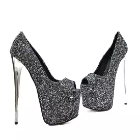 Silver Glitter Peep Toe Metallic Platform Heels