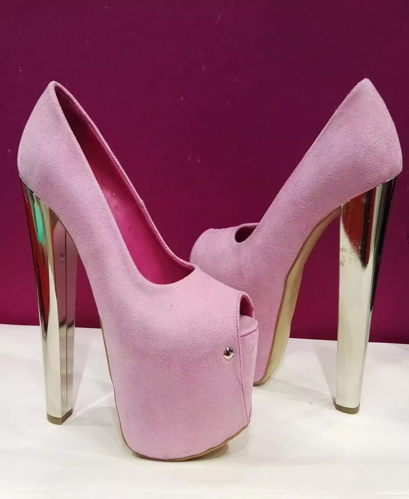 Sweet Pink Suede Peep Toe Plaform Metallic 20 cm Heels