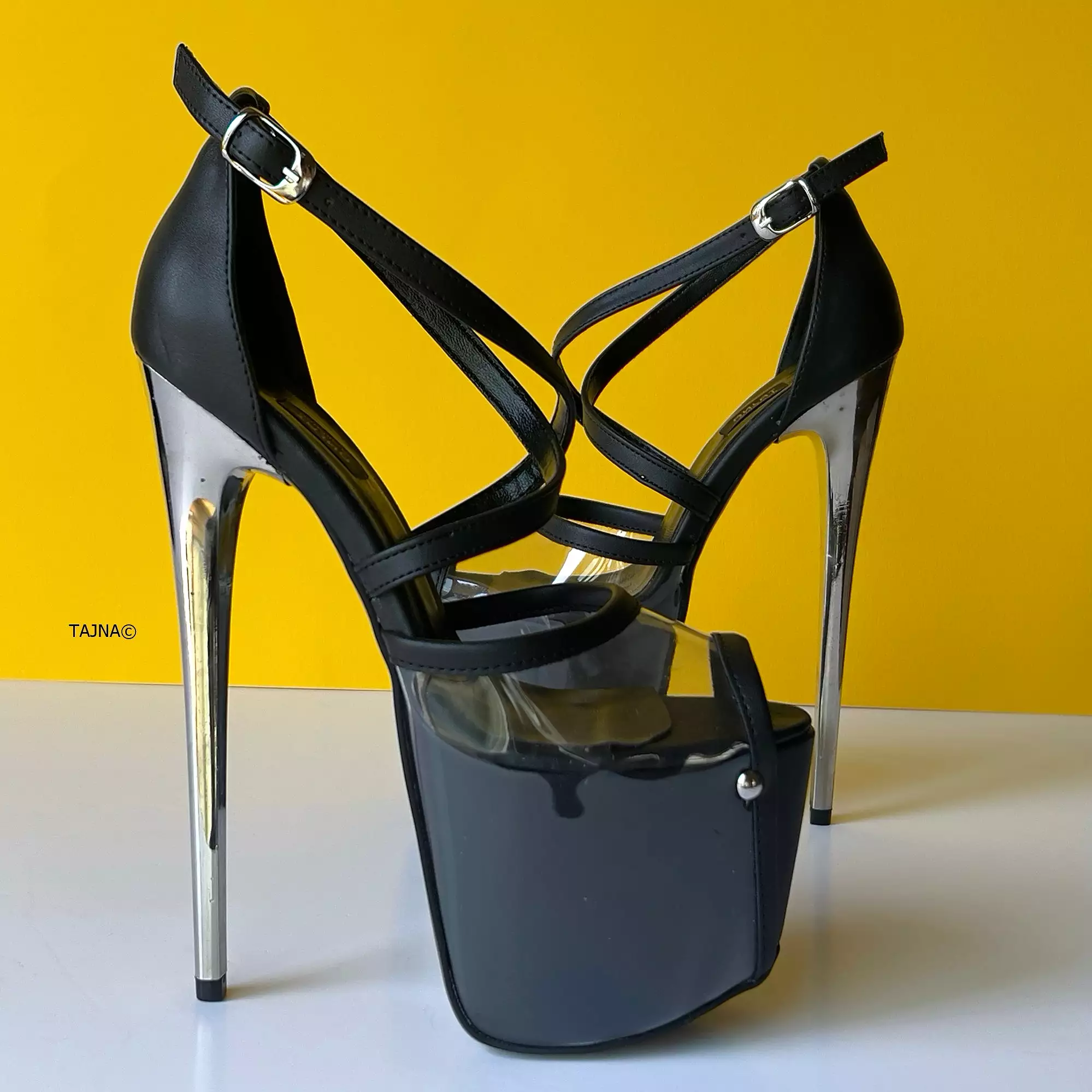 Transparent and Black Matte Ankle Strap Metallic Heels