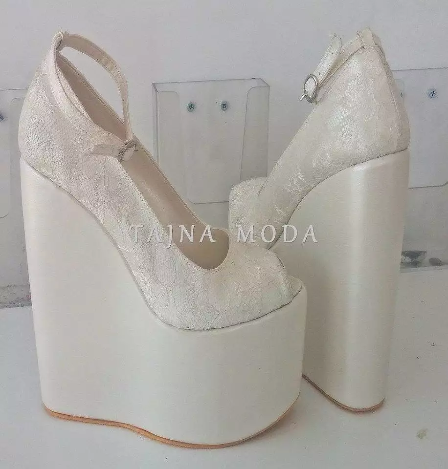 Wedding Ankle Strap Peeptoe Lace Wedge Heel White Platform High Heels Shoes