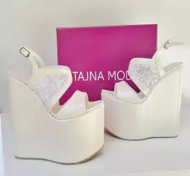 Wedding Sandals Lace Wedge Heel White Platform High Heels Shoes