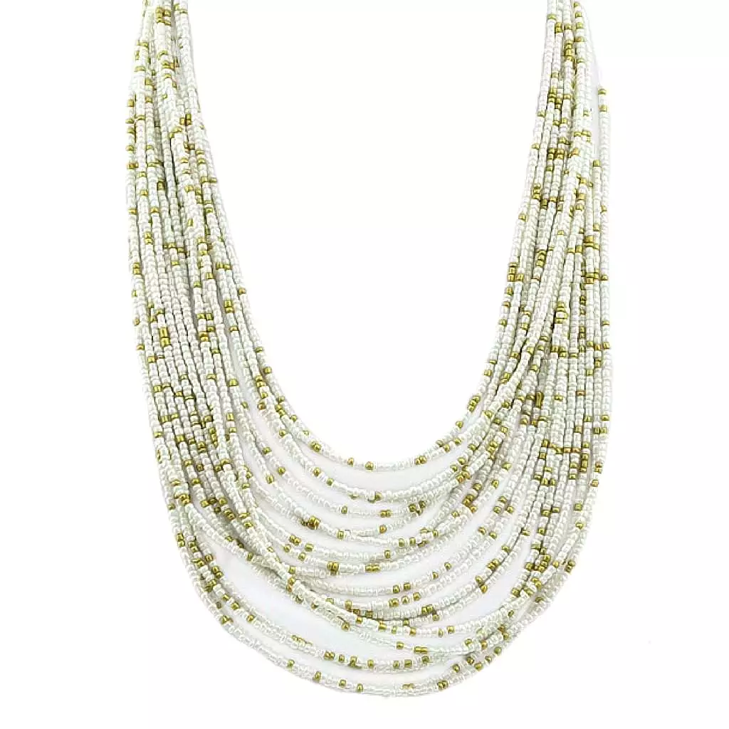 White and Gold Seed Bead Layered Necklace