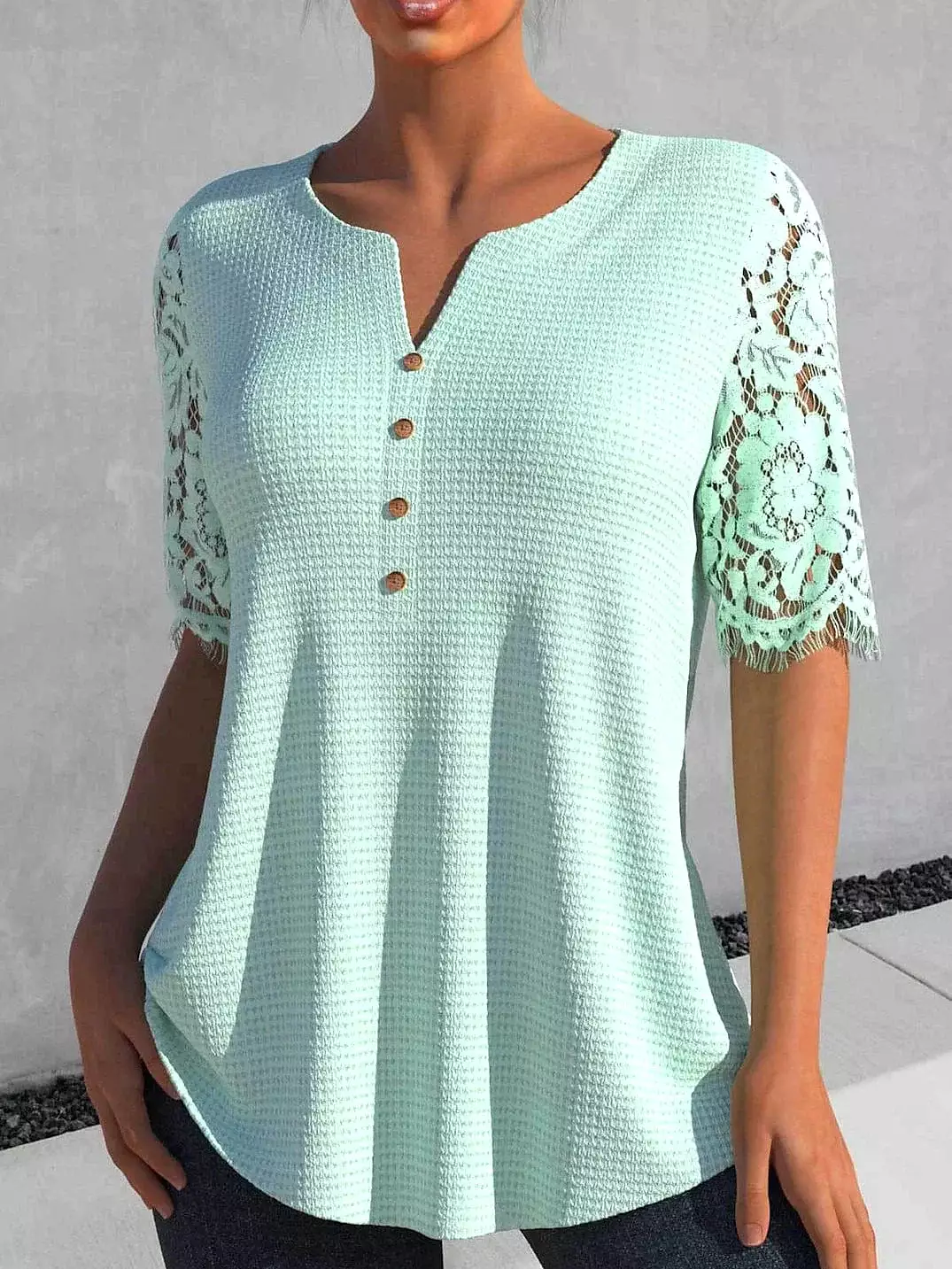 White and Green Lace Detail Short Sleeve Women's Casual Blouse