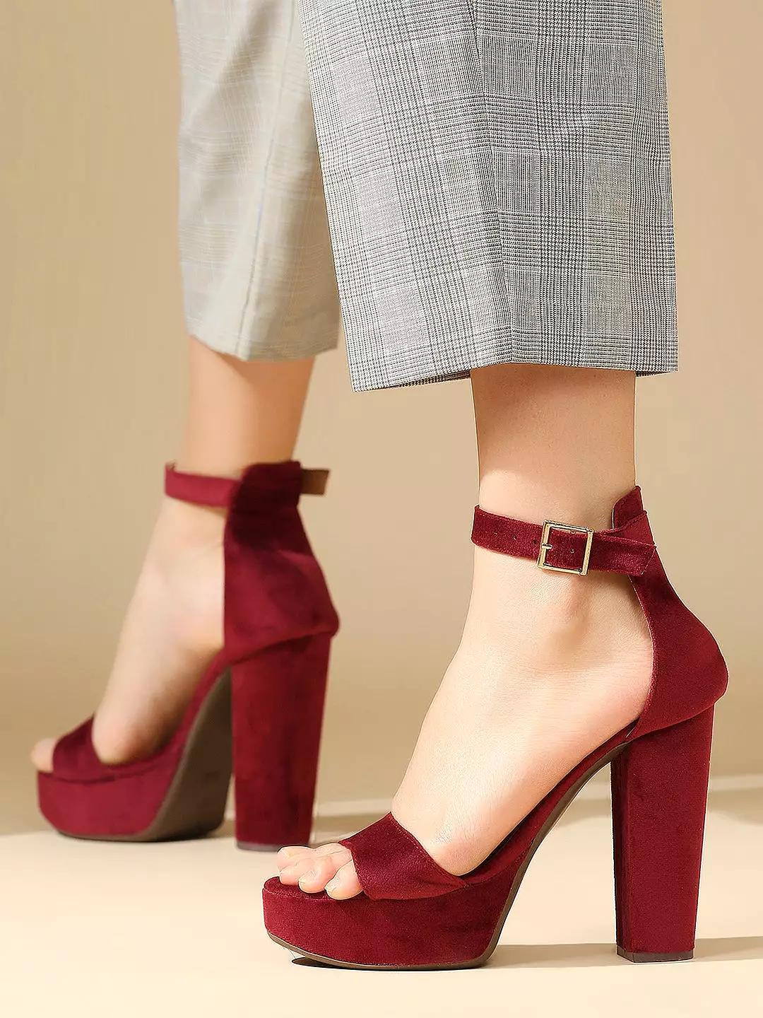 Women Maroon High-Top Platform Heels With Buckle