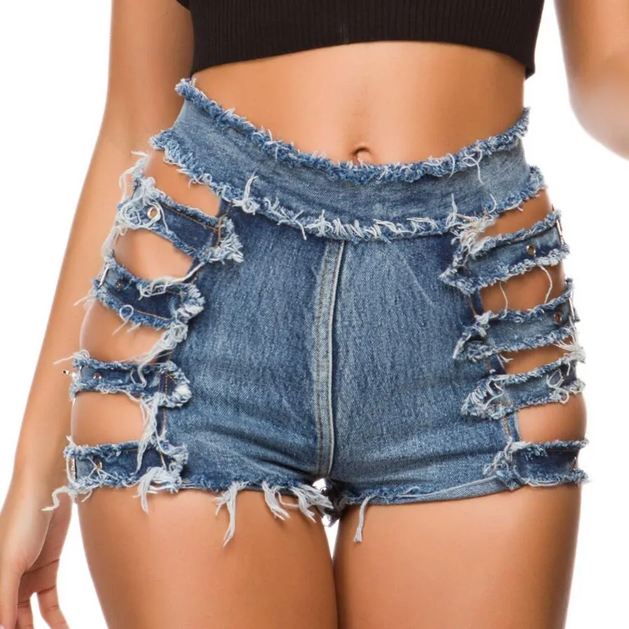 Women's Sexy Denim Bandage Ripped Hollow Out High Waist Jeans Shorts