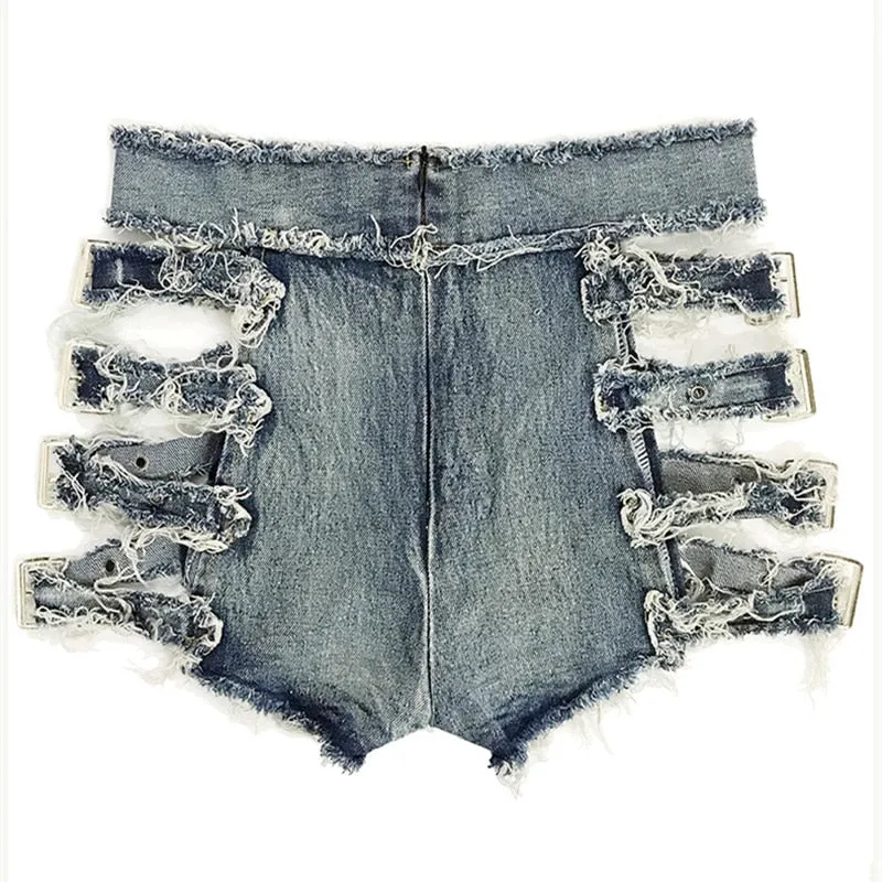 Women's Sexy Denim Bandage Ripped Hollow Out High Waist Jeans Shorts