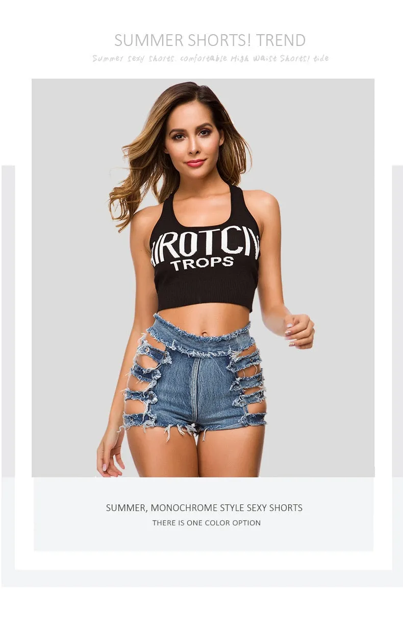 Women's Sexy Denim Bandage Ripped Hollow Out High Waist Jeans Shorts